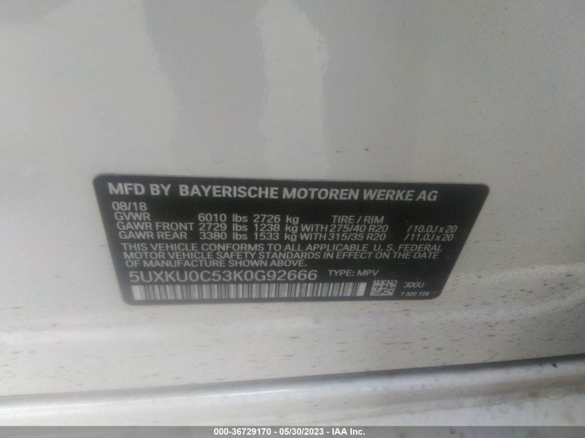2019 BMW X6 SDRIVE35I - 5UXKU0C53K0G92666