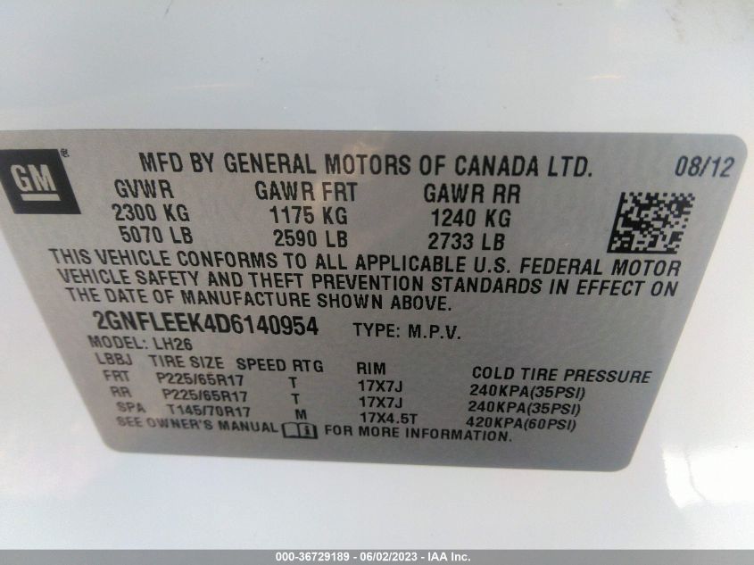 2013 CHEVROLET EQUINOX LT - 2GNFLEEK4D6140954