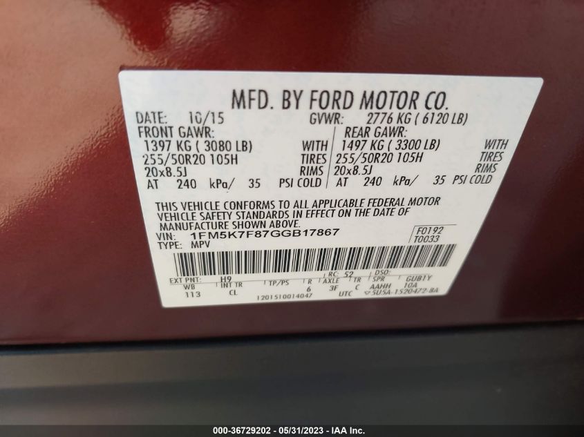 2016 FORD EXPLORER LIMITED - 1FM5K7F87GGB17867