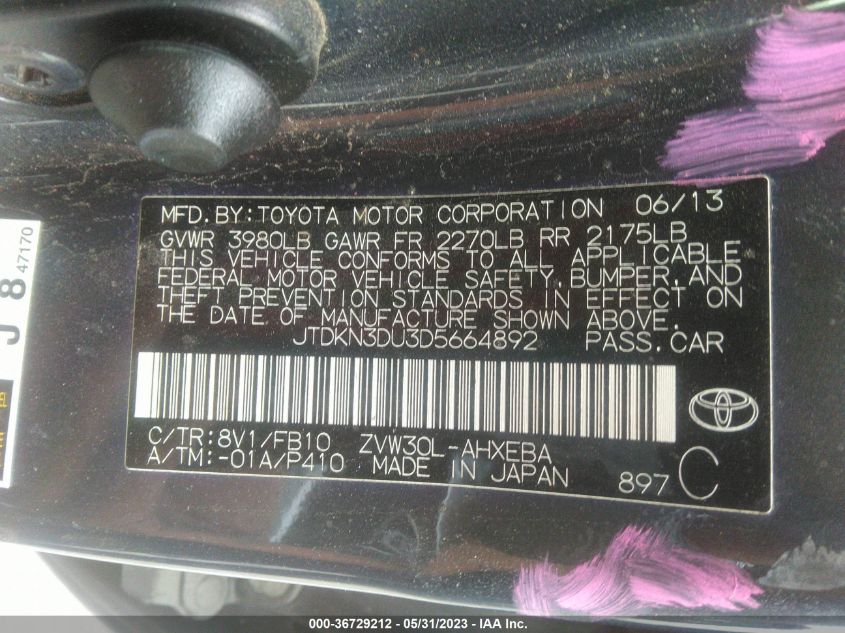 2013 TOYOTA PRIUS ONE/TWO/THREE/FOUR/FIVE - JTDKN3DU3D5664892