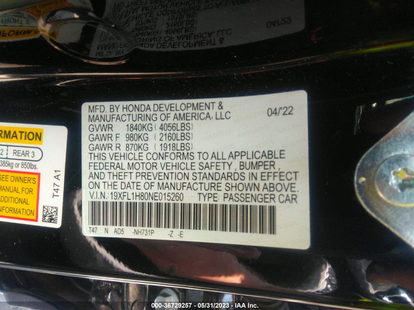 2022 HONDA CIVIC HATCHBACK SPORT TOURING - 19XFL1H80NE015260