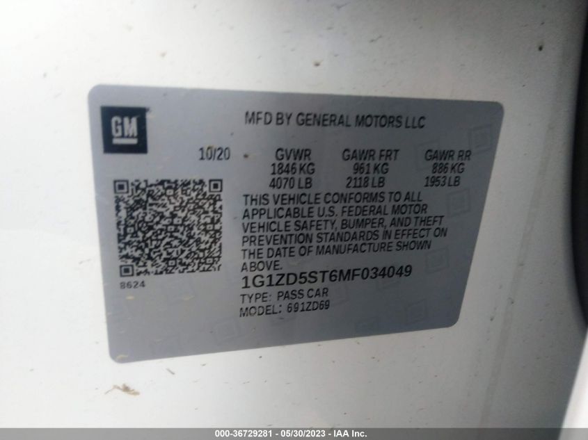 2021 CHEVROLET MALIBU LT - 1G1ZD5ST6MF034049