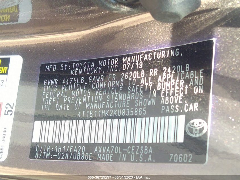 2019 TOYOTA CAMRY LE/SE/XLE/L - 4T1B11HK2KU835865