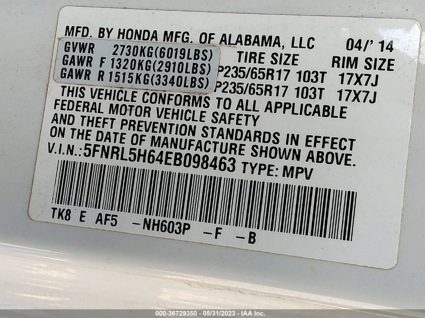 2014 HONDA ODYSSEY EX-L - 5FNRL5H64EB098463