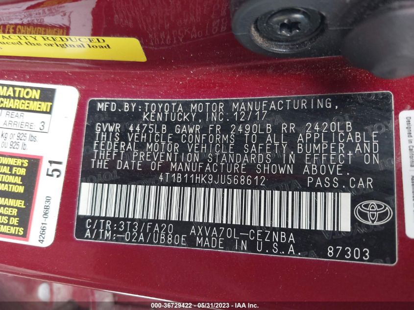 2018 TOYOTA CAMRY LE/SE/XLE/L - 4T1B11HK9JU568612