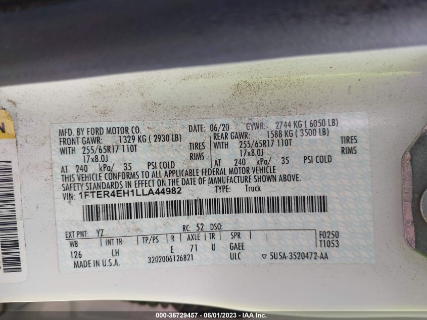2020 FORD RANGER XL/XLT/LARIAT - 1FTER4EH1LLA44982