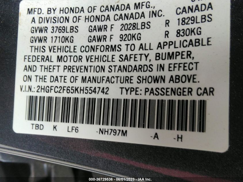 2019 HONDA CIVIC SEDAN LX - 2HGFC2F65KH554742