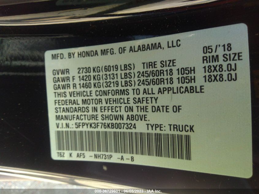 2019 HONDA RIDGELINE RTL-E - 5FPYK3F76KB007324