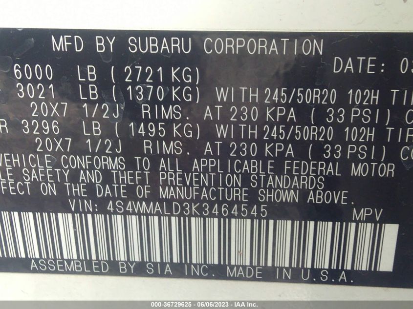 2019 SUBARU ASCENT LIMITED - 4S4WMALD3K3464545