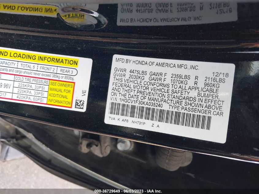 2019 HONDA ACCORD SEDAN SPORT 1.5T - 1HGCV1F30KA035240