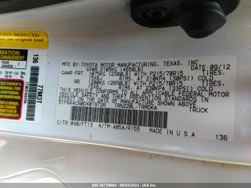 2013 TOYOTA TACOMA - 5TFNX4CN0DX019726