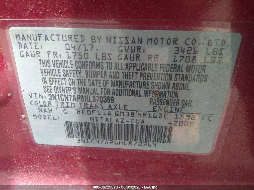 2017 NISSAN VERSA SEDAN S PLUS - 3N1CN7AP6HL870369