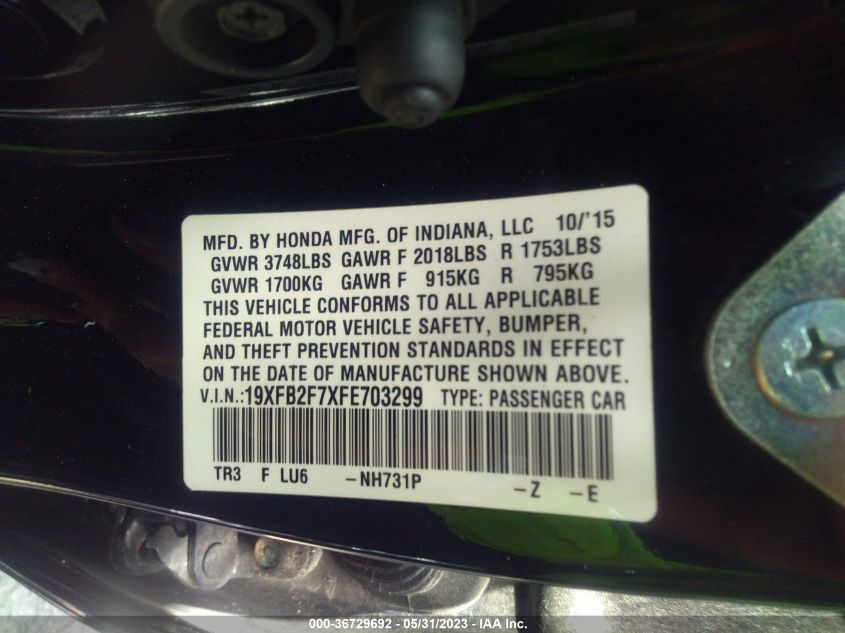 2015 HONDA CIVIC SEDAN SE - 19XFB2F7XFE703299