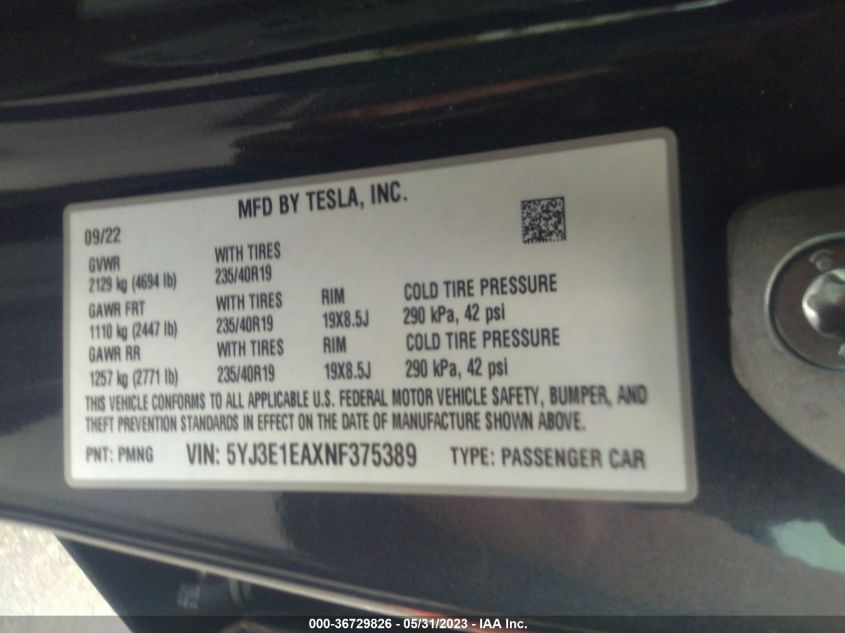 2022 TESLA MODEL 3 - 5YJ3E1EAXNF375389