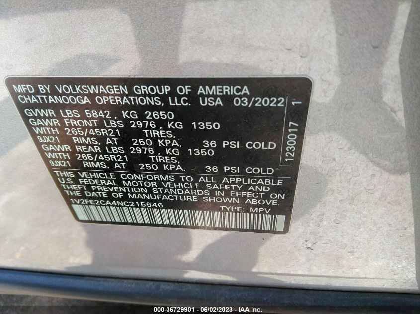 2022 VOLKSWAGEN ATLAS CROSS SPORT 3.6L V6 SEL PREMIUM - 1V2FE2CA4NC215946