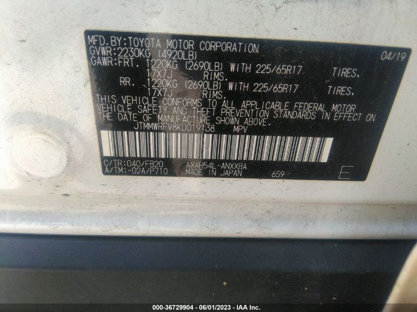 2019 TOYOTA RAV4 HYBRID LE - JTMMWRFV8KD019138