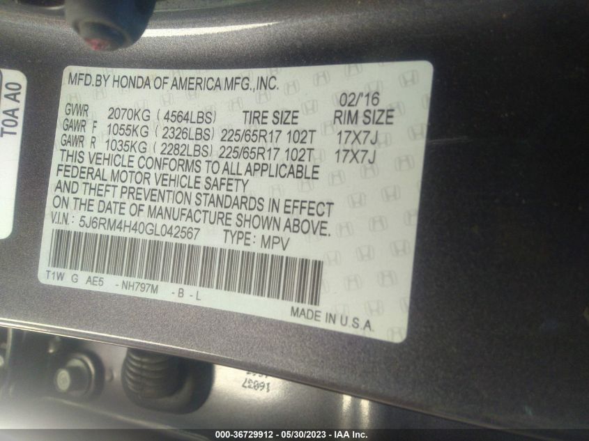 2016 HONDA CR-V SE - 5J6RM4H40GL042567