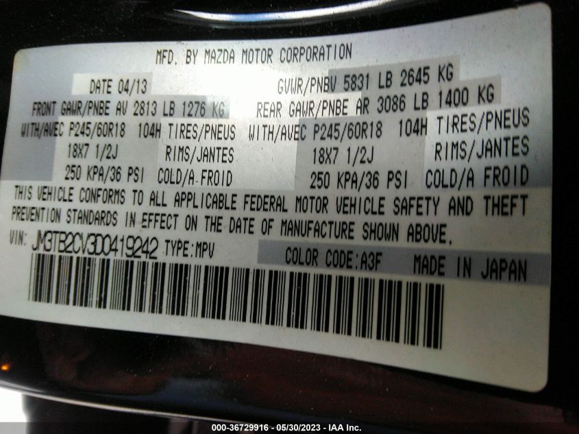 2013 MAZDA CX-9 TOURING - JM3TB2CV3D0419242