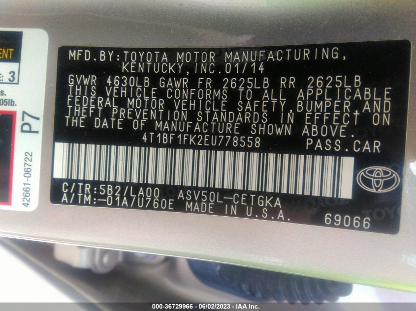 2014 TOYOTA CAMRY L/LE/XLE/SE/SE SPORT - 4T1BF1FK2EU778558