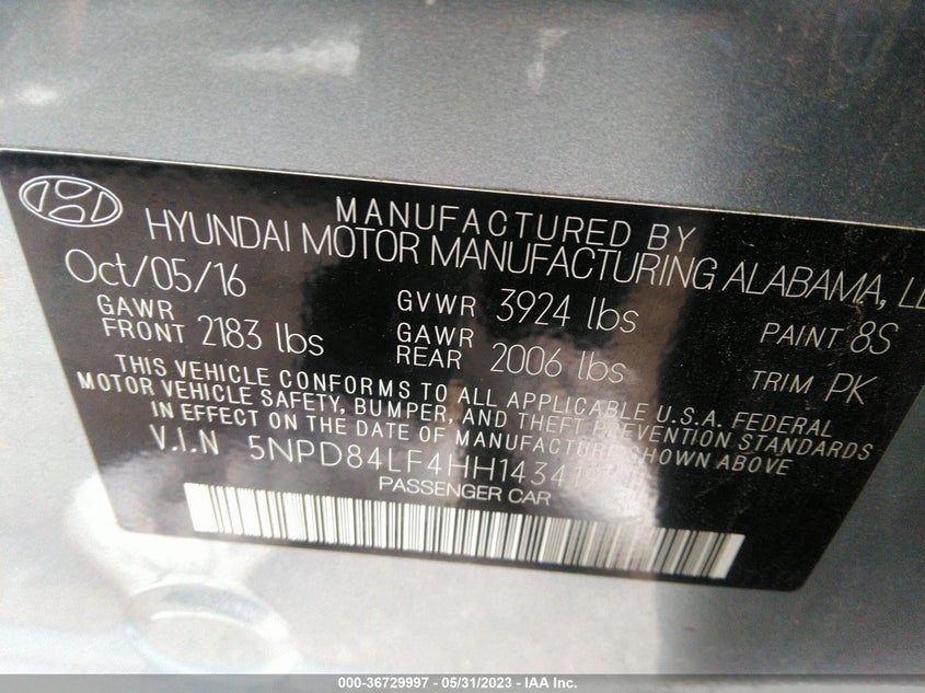 VIN 5NPD84LF4HH143419 2017 HYUNDAI ELANTRA SE