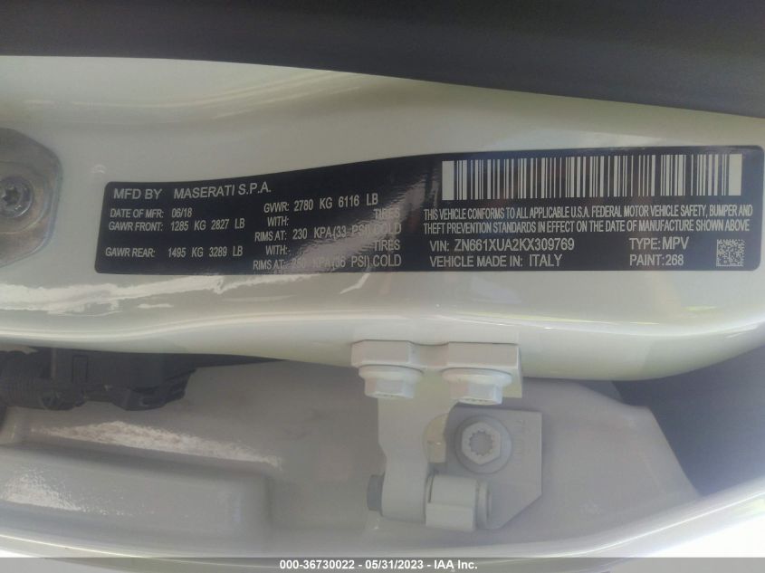 2019 MASERATI LEVANTE ZN661XUA2KX309769