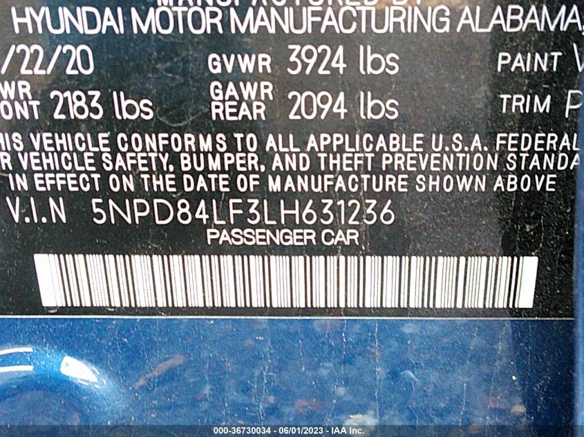 VIN 5NPD84LF3LH631236 2020 HYUNDAI ELANTRA no.9