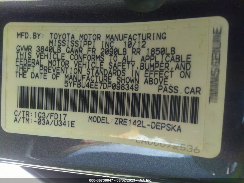 2013 TOYOTA COROLLA L/LE/S - 5YFBU4EE7DP098349