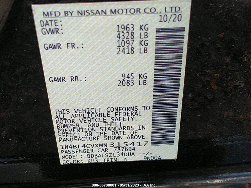 2021 NISSAN ALTIMA 2.5 SR - 1N4BL4CVXMN315417