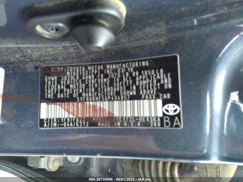 2016 TOYOTA COROLLA L/LE/S/S PLUS/LE PLUS - 5YFBURHE5GP494857