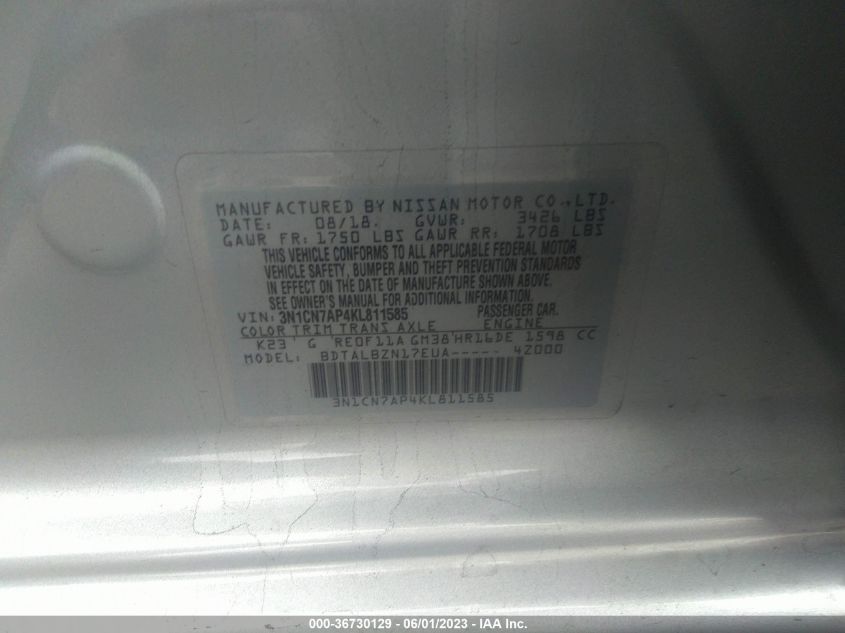 2019 NISSAN VERSA SEDAN SV - 3N1CN7AP4KL811585