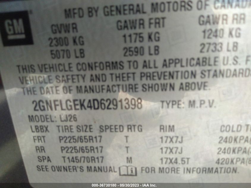 2013 CHEVROLET EQUINOX LTZ - 2GNFLGEK4D6291398
