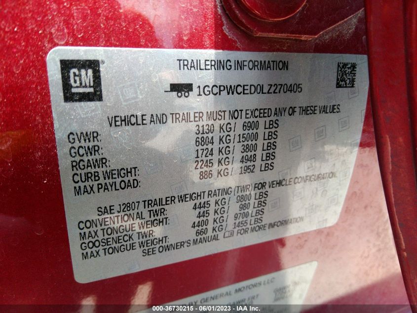 2020 CHEVROLET SILVERADO 1500 LT - 1GCPWCED0LZ270405