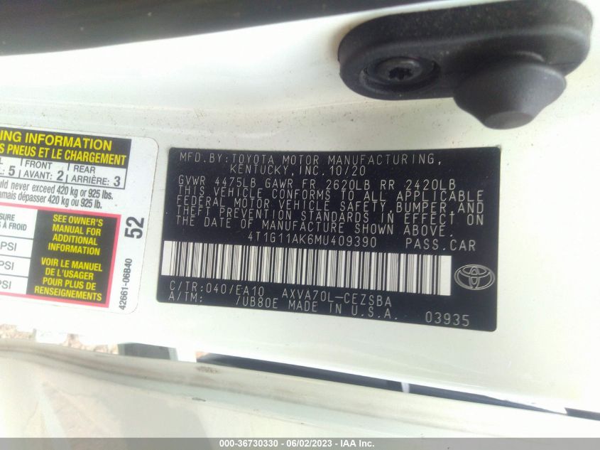 2021 TOYOTA CAMRY SE - 4T1G11AK6MU409390