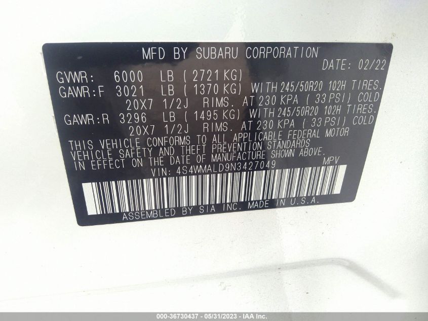 2022 SUBARU ASCENT LIMITED - 4S4WMALD9N3427049