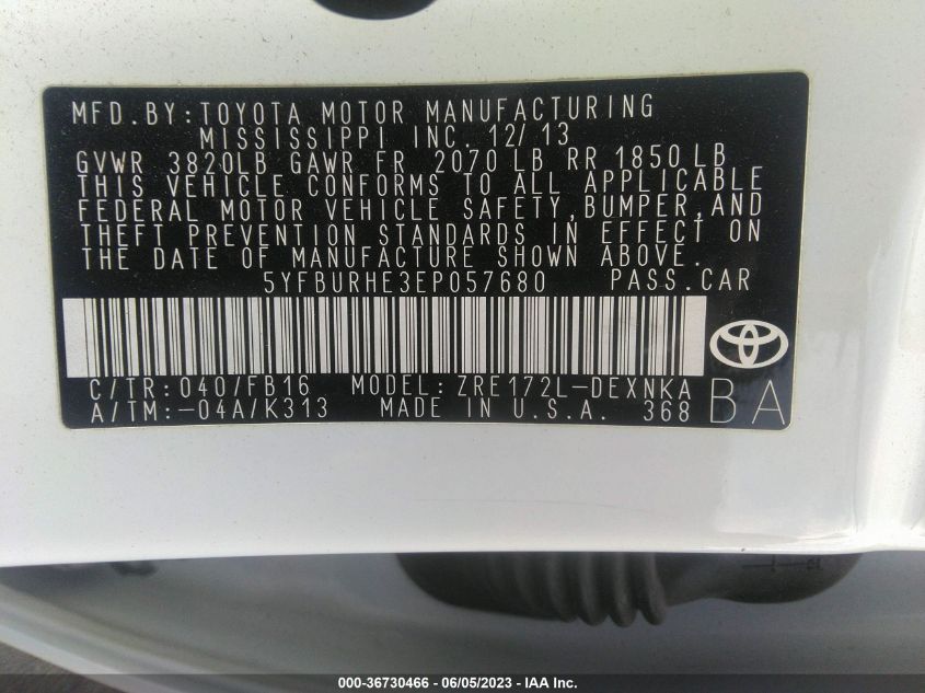 2014 TOYOTA COROLLA L/LE/S/S PLUS/LE PLUS - 5YFBURHE3EP057680