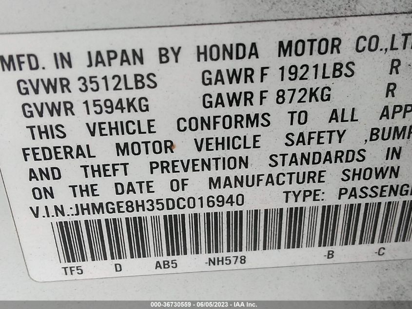 2013 HONDA FIT - JHMGE8H35DC016940