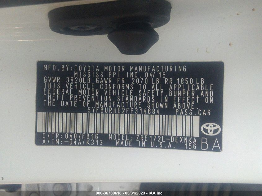 2015 TOYOTA COROLLA L/LE/S/S PLUS/LE PLUS - 5YFBURHE2FP314684