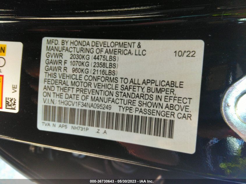 2022 HONDA ACCORD SEDAN SPORT - 1HGCV1F34NA095249