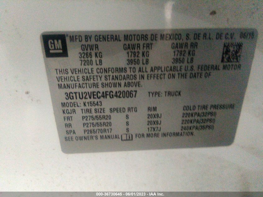 2015 GMC SIERRA 1500 SLT - 3GTU2VEC4FG420067