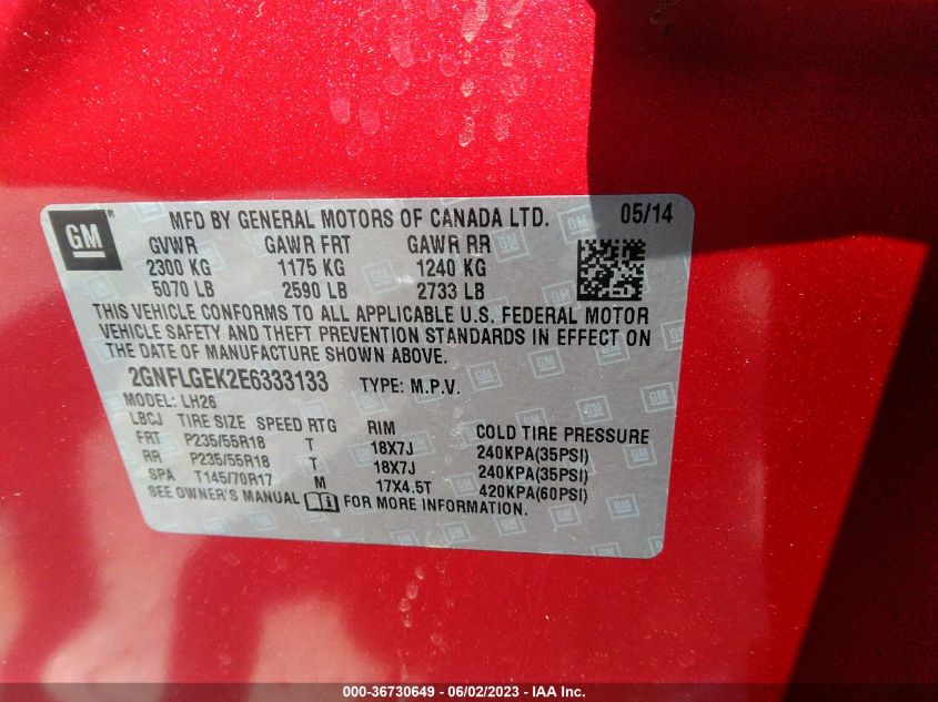 2014 CHEVROLET EQUINOX LT - 2GNFLGEK2E6333133