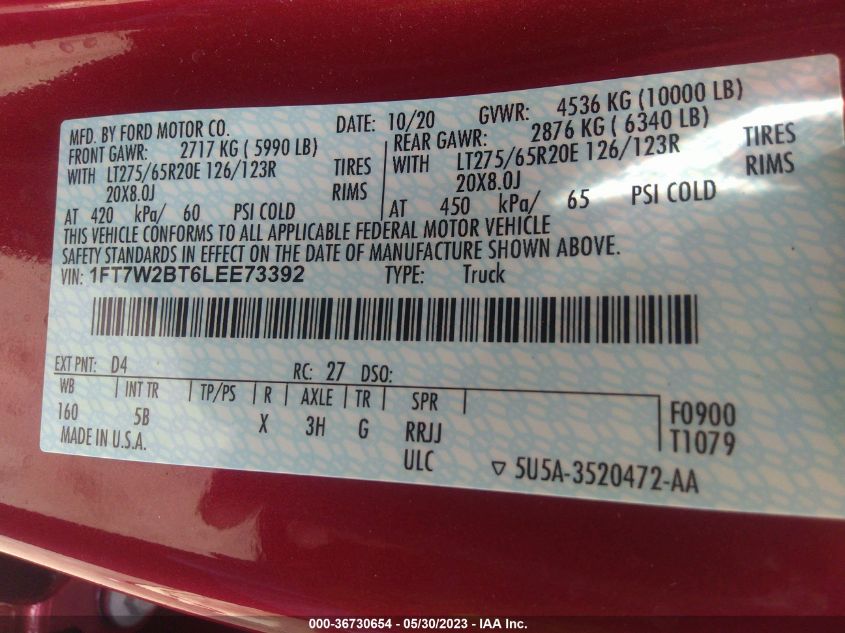 2020 FORD SUPER DUTY F-250 SRW XL/XLT/LARIAT - 1FT7W2BT6LEE73392