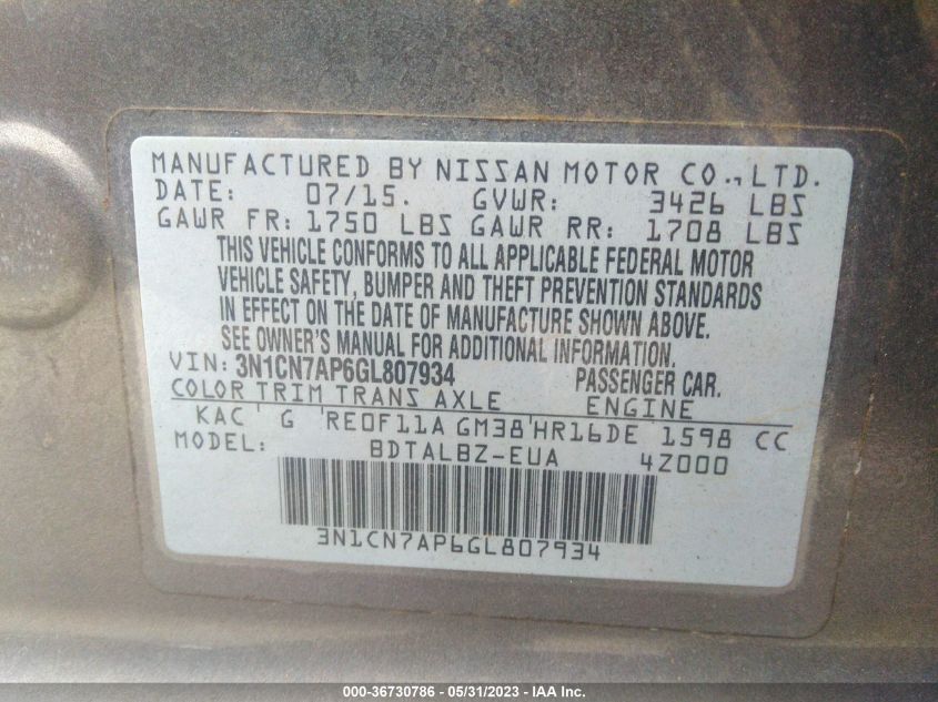 2016 NISSAN VERSA S/S PLUS/SL/SV - 3N1CN7AP6GL807934