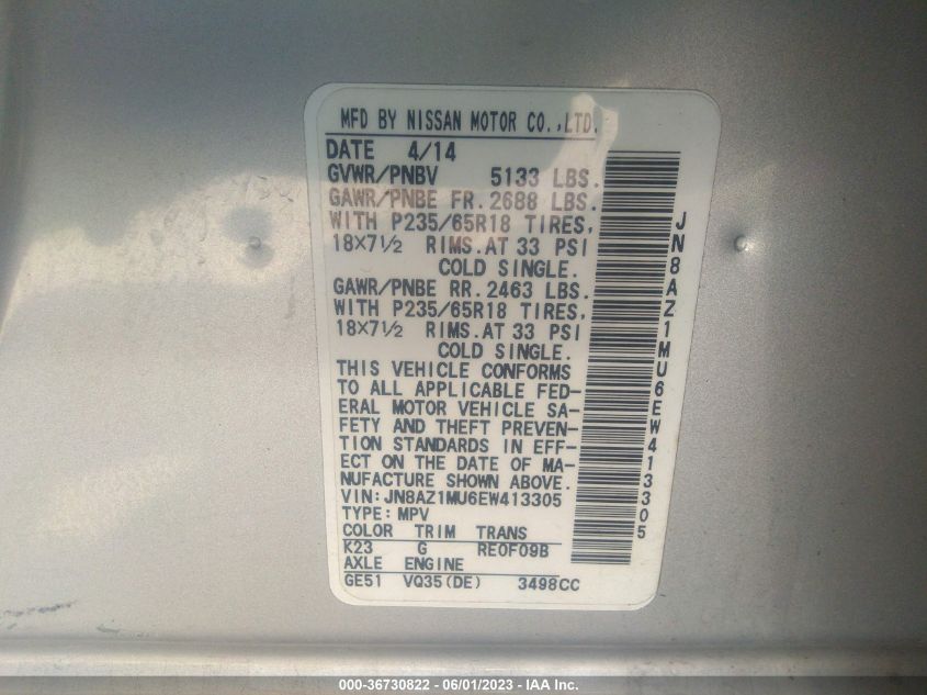 2014 NISSAN MURANO SL - JN8AZ1MU6EW413305