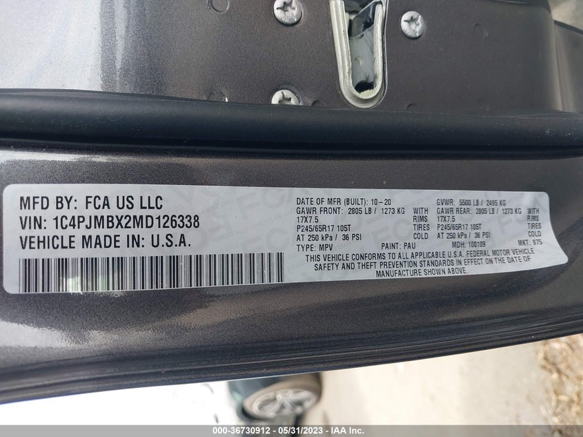 VIN 1C4PJMBX2MD126338 2021 JEEP CHEROKEE TRAILHAWK