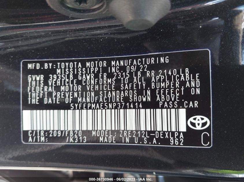 2022 TOYOTA COROLLA LE - 5YFEPMAE5NP371414