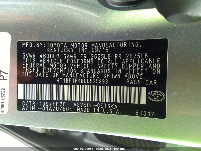2016 TOYOTA CAMRY XLE/SE/LE/XSE - 4T1BF1FK8GU525893