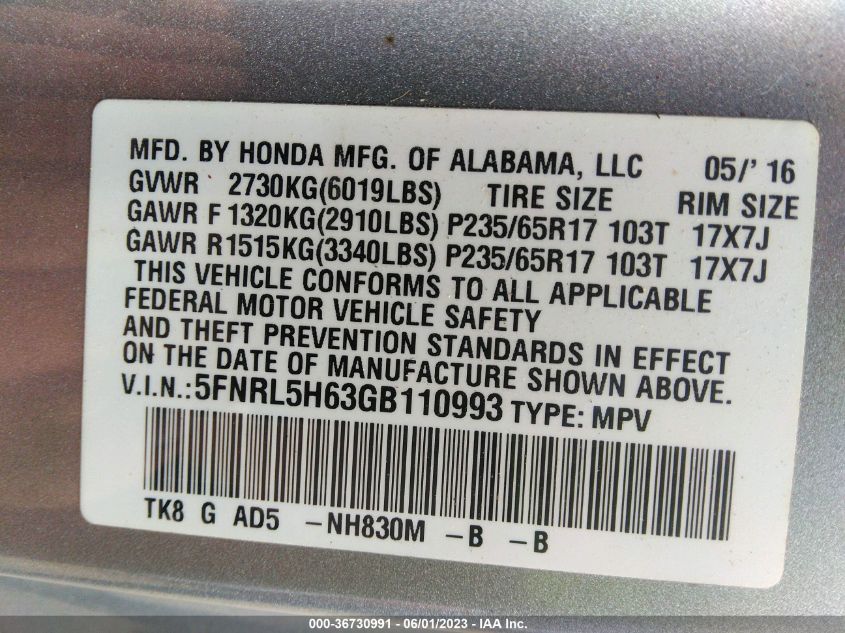 2016 HONDA ODYSSEY EX-L - 5FNRL5H63GB110993