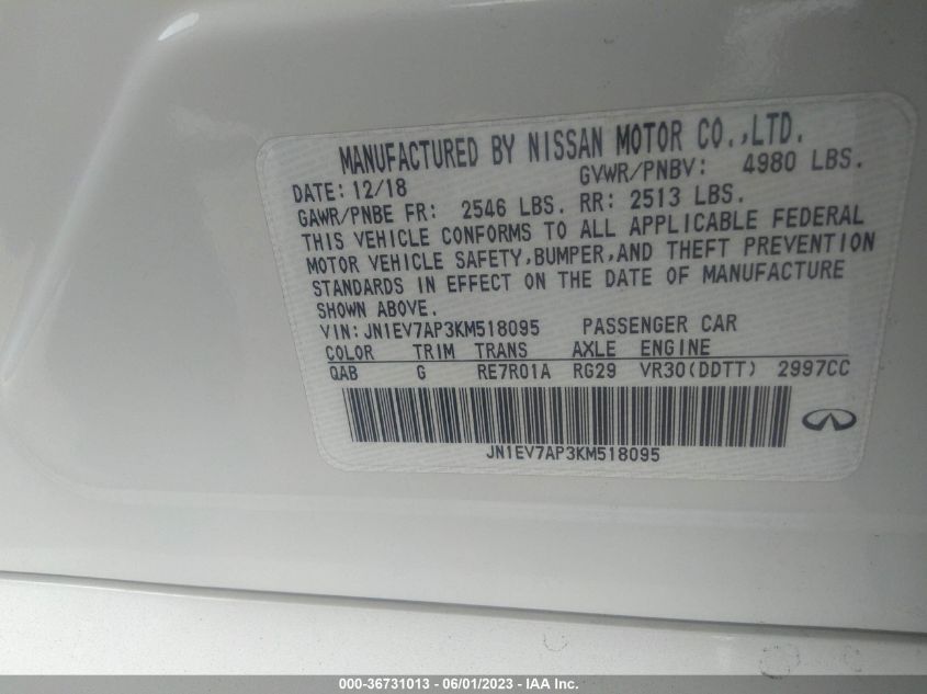 2019 INFINITI Q50 3.0T LUXE - JN1EV7AP3KM518095