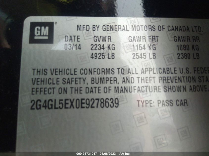 2014 BUICK REGAL - 2G4GL5EX0E9278639