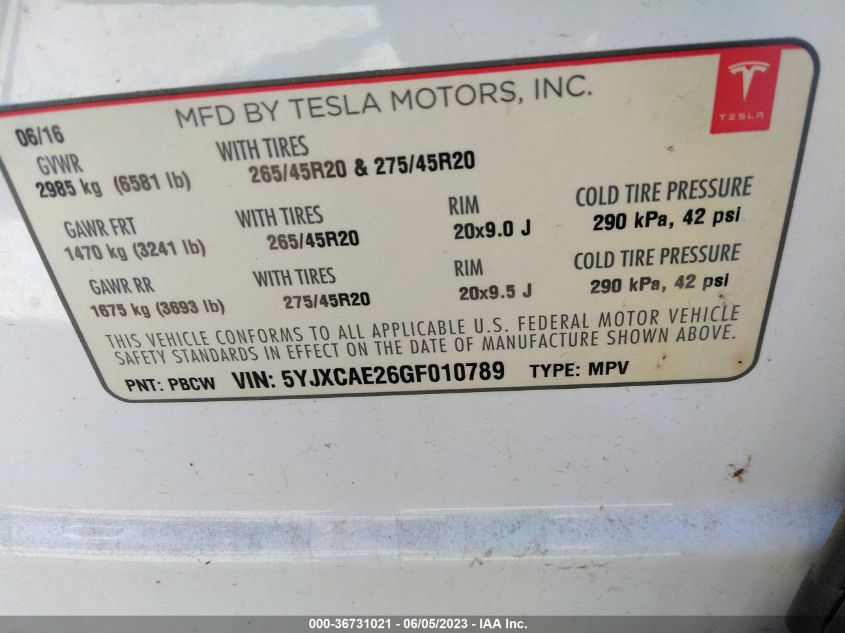 2016 TESLA MODEL X - 5YJXCAE26GF010789
